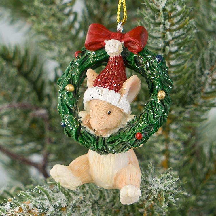 Ёлочная игрушка Мышка в Рождественском венке Xmas Mouse Hanging In Wreath 6 cm