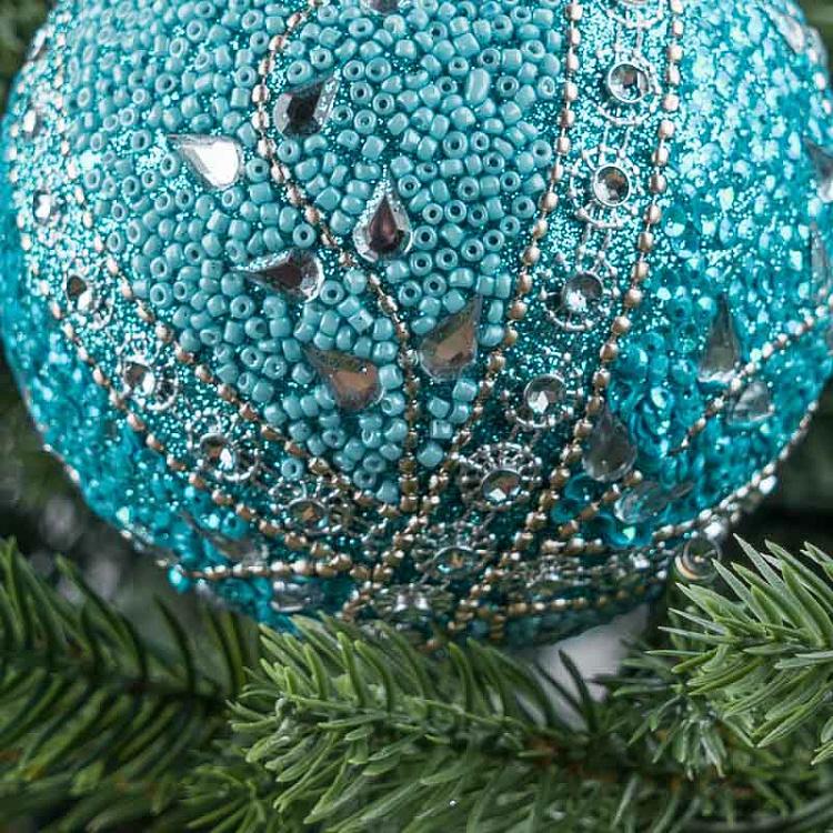 Ёлочная игрушка Голубой шар с орнаментом из бисера Bead Ornament Ball Blue 9 cm