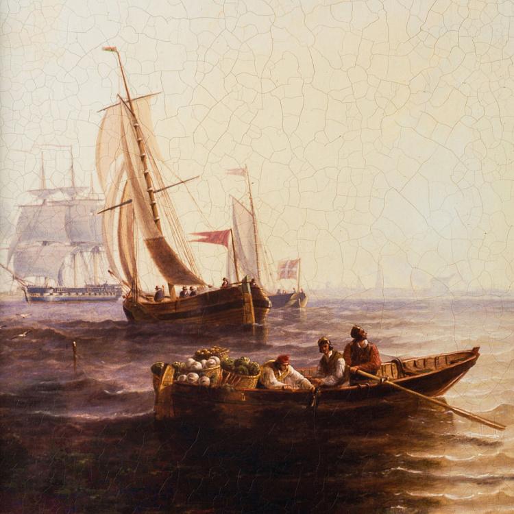 Картина-олеография в чёрно-золотой раме Возвращение на вёслах с припасами Rowing Back With Supplies, ANTB Frame