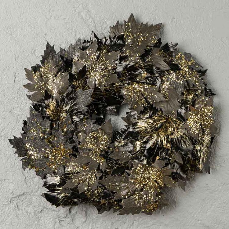Новогодний позолоченный венок с чёрными кленовыми листьями Gilt Maple Leaf Wreath Black Gold 60 cm