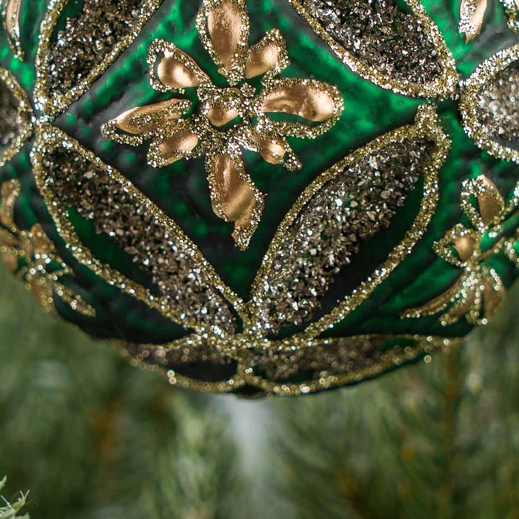 Ёлочная игрушка Зелёный многогранный шар с золотыми цветами, S Golden Flowers Multifaceted Ball Green 8 cm