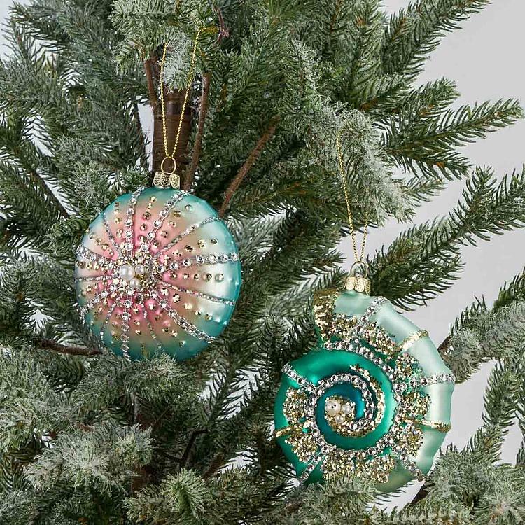 Набор из двух ёлочных игрушек Раковина и морской ёж Set Of 2 Glass Pearl Shells Urchin Blue Pink 10 cm