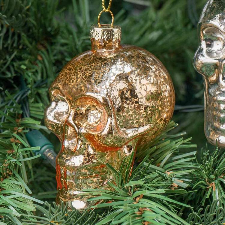 Набор из двух ёлочных игрушек Черепа цвета винтажного золота и шампань Set Of 2 Glass Antic Skull Gold/Champagne 9 cm