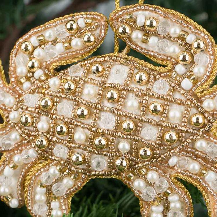 Ёлочная игрушка с бисерной вышивкой Золотой краб Embroidery Beaded Crab Gold Cream 13,5 cm