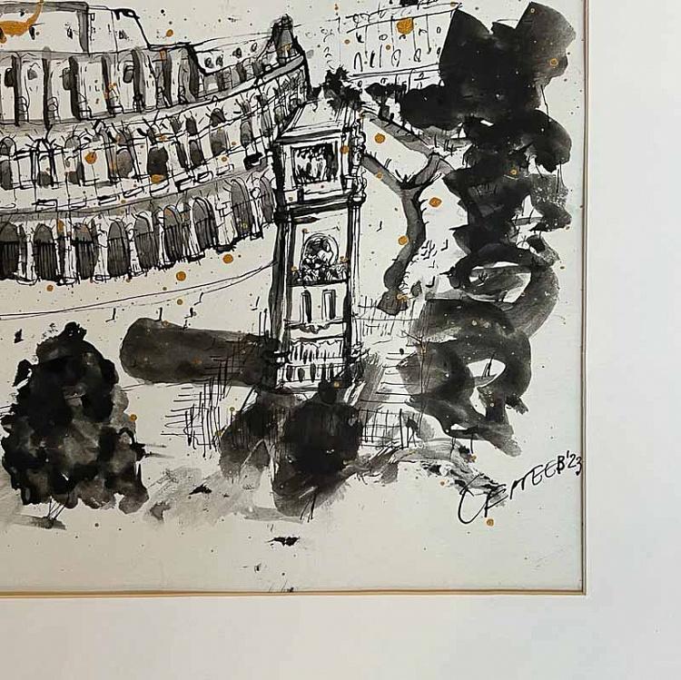 Рисунок тушью с золотом Колизей Colosseo Drawing With Gold