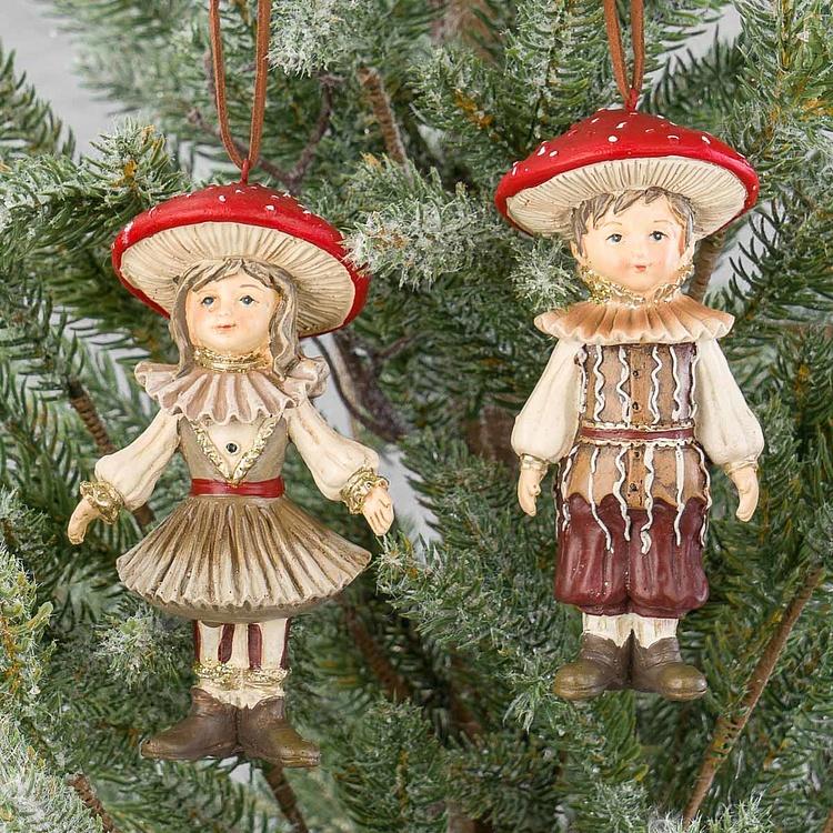 Набор из двух ёлочных игрушек Дети в костюме грибов Set Of 2 Mushroom Kids Red Brown 13 cm