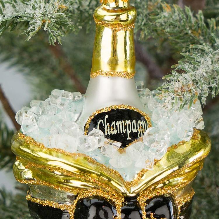 Набор из двух ёлочных игрушек Бутылки шампанского в вёдрах для льда Set Of 2 Glass Champagne Bottles In Buckets Gold 13 cm