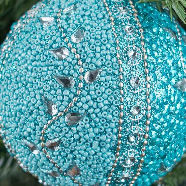 Ёлочная игрушка Голубой шар с орнаментом из бисера Bead Ornament Ball Blue 9 cm