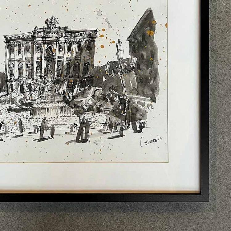 Рисунок тушью с золотом Фонтан Треви Fontana Di Trevi Drawing With Gold