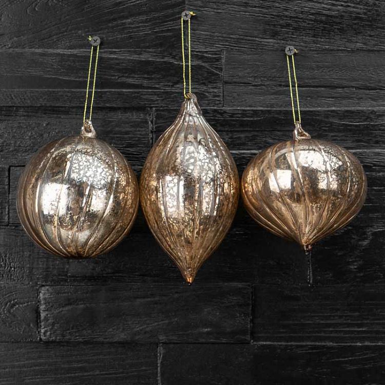 Набор из трёх ёлочных шаров цвета винтажный шампань с вертикальными полосками Set Of 3 Glass Antique Vertical Striped Balls Champagne 10 cm