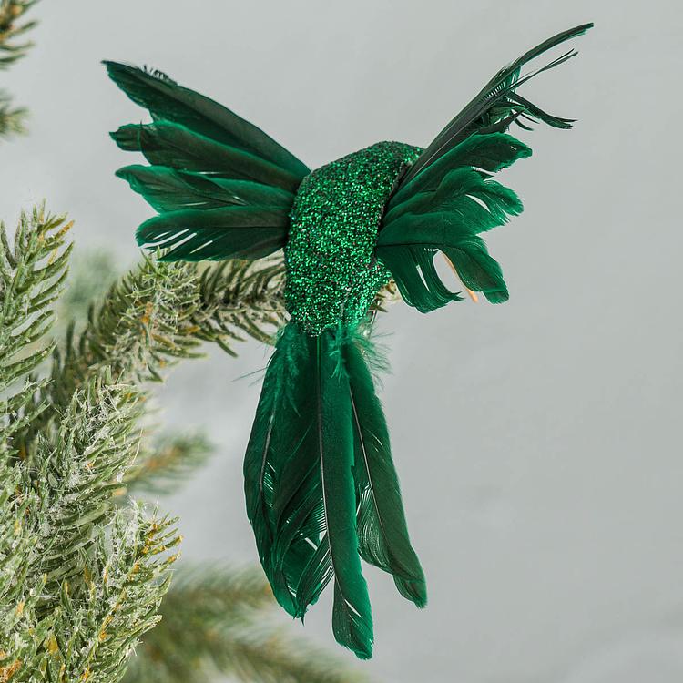 Набор из двух ёлочных игрушек на клипсе Колибри зелёная и синяя Set Of 2 Plume Fly Hummingbirds On Clip Green Blue 13 cm