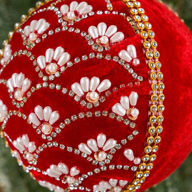 Ёлочная игрушка Красный шар с жемчугом и бисером Pearl Ornament Velvet Ball Red 10 cm