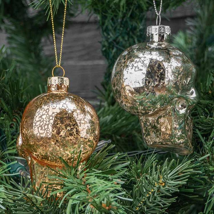 Набор из двух ёлочных игрушек Черепа цвета винтажного золота и шампань Set Of 2 Glass Antic Skull Gold/Champagne 9 cm