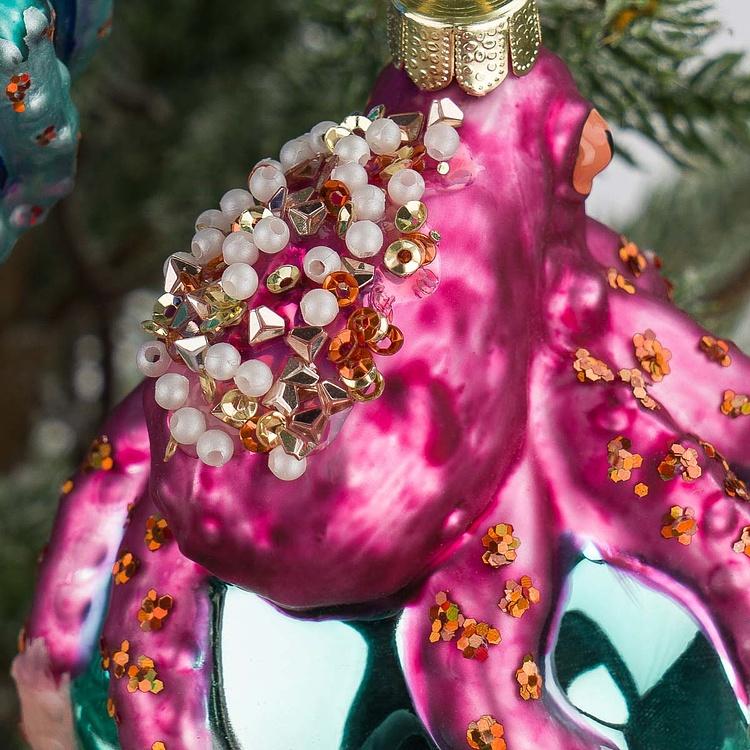 Набор из двух ёлочных игрушек Осьминоги на шарах Set Of 2 Glass Octopus On Ball Blue Pink 10,5 cm