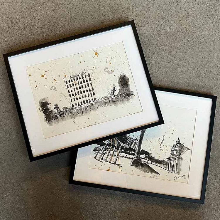 Рисунок тушью с золотом Дворец Итальянской Цивилизации Palazzo Della Civilta Italiana Drawing With Gold