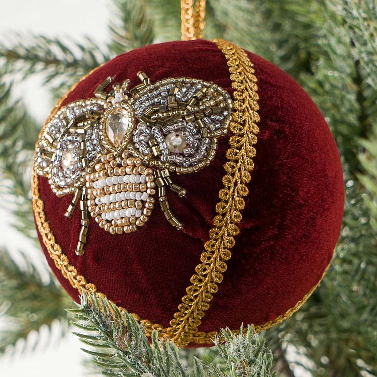 Ёлочная игрушка Бордовый шар с пчелой из бисера Beads Bee Ball Burgundy 9 cm