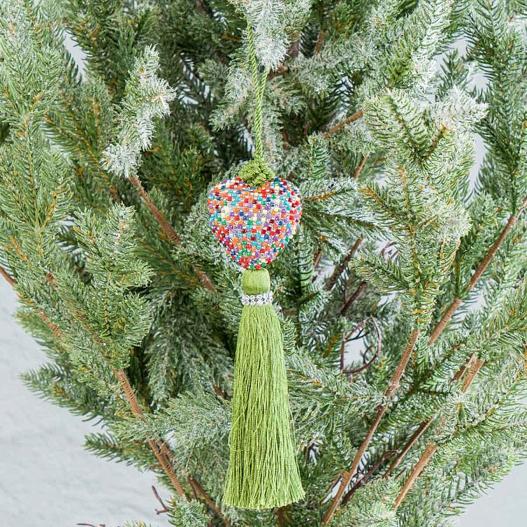 Новогодняя подвеска Разноцветное сердце с салатовой кисточкой Multicolored Heart Pendant With Green Tassel 19 cm