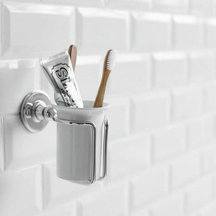 Настенный белый стакан для зубных щёток в подставке цвета хром Tumbler Holder Chrome And White