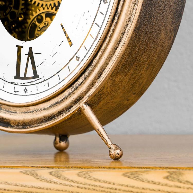 Настольные золотистые часы с шестерёнками и зеркальным циферблатом Честер 1 Chester Antique Gold Table Clock With Gears 1