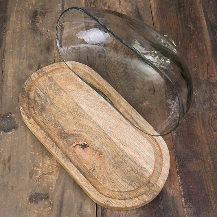 Деревянная доска со стеклянным колпаком Oval Wooden Cake Plate With Cover