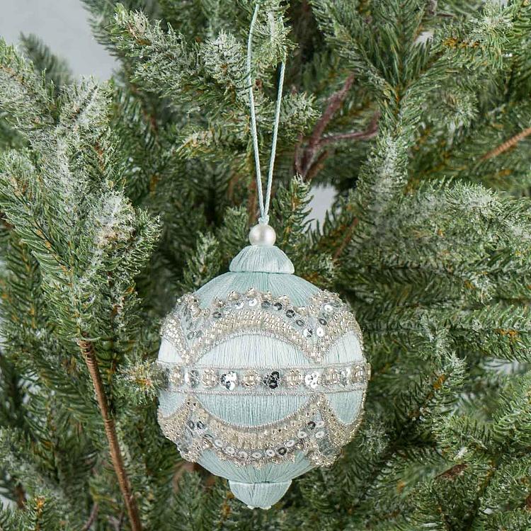 Ёлочная игрушка Светло-голубой шар с серебряным орнаментом Silver Ornament Ball Light Blue 10 cm