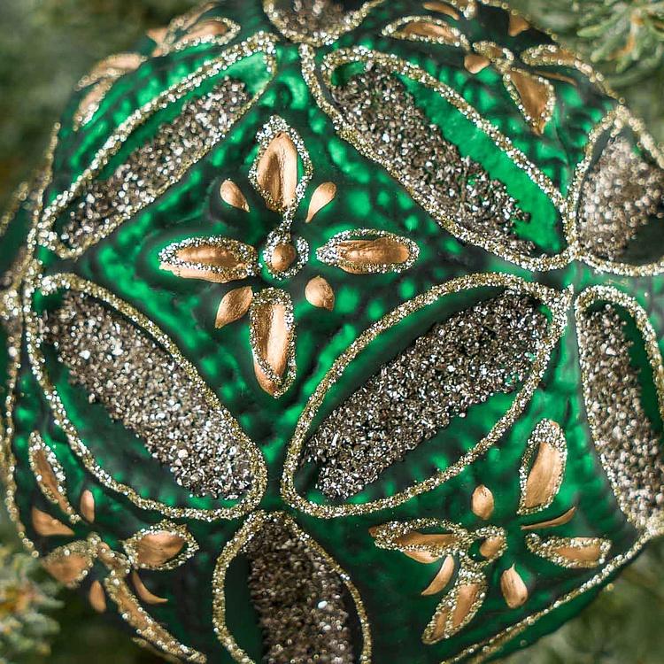 Ёлочная игрушка Зелёный многогранный шар с золотыми цветами, M Golden Flowers Multifaceted Ball Green 10 cm