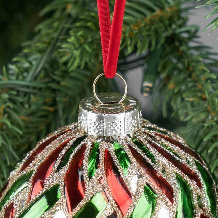 Ёлочная игрушка Красно-зелёный шар с плетёным узором Braided Ball Red Green 8 cm