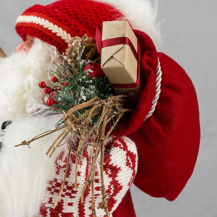 Новогодняя фигурка Лесной Санта в белой шубе и с лыжами Forest Santa Claus In White Fur Coat With Skis 48 cm