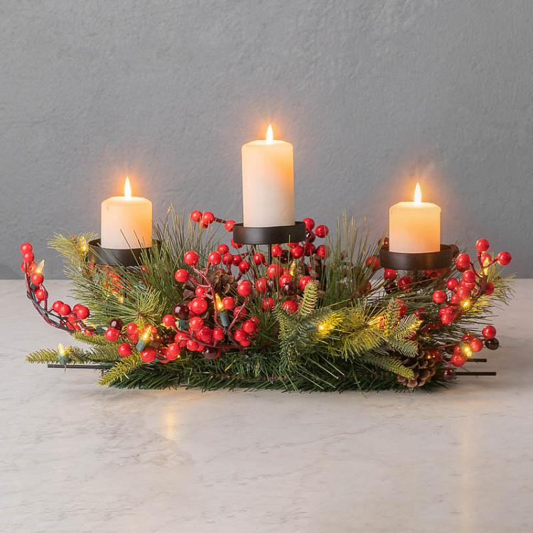 Светодиодный подсвечник-венок на батарейках с шишками и ягодами Led Lantern Metal Pine/Berry On 3 Batteries