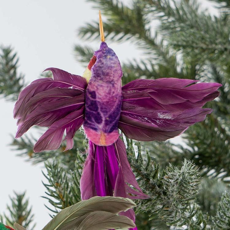 Набор из двух ёлочных игрушек на клипсе Колибри зелёная и фиолетовая Set Of 2 Plume Fly Hummingbirds On Clip Green Purple 18 cm