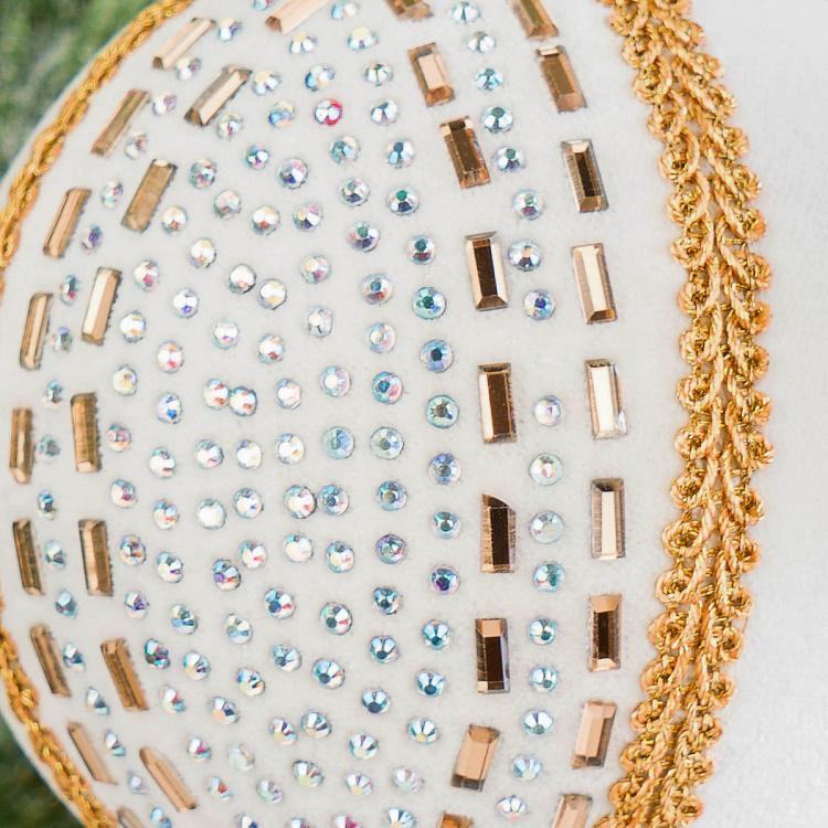 Ёлочная игрушка Белый бархатный шар с золотистыми стразами Rhinestones Textile Ball White 9 cm