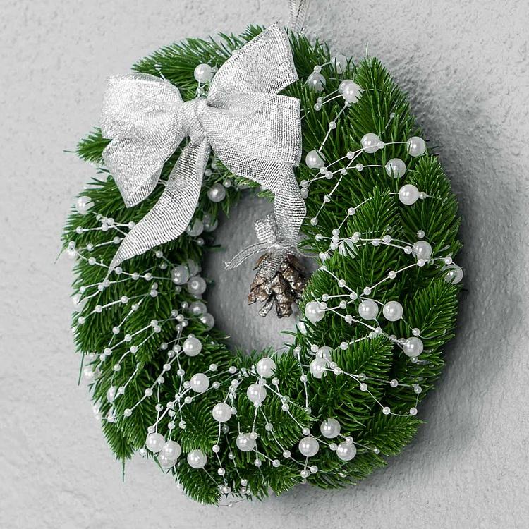 Новогодний венок с белым бантом Wreath With Bow White 20 cm