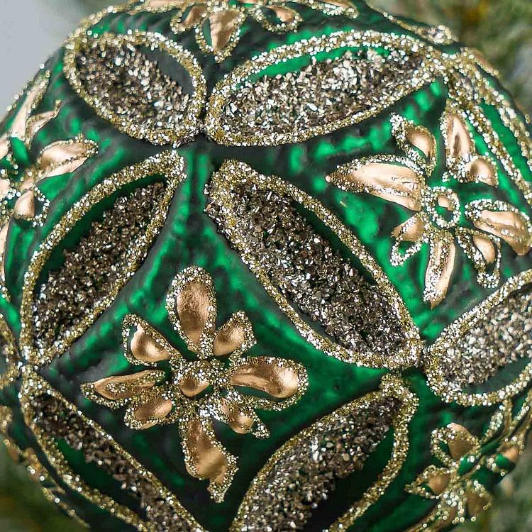 Ёлочная игрушка Зелёный многогранный шар с золотыми цветами, S Golden Flowers Multifaceted Ball Green 8 cm