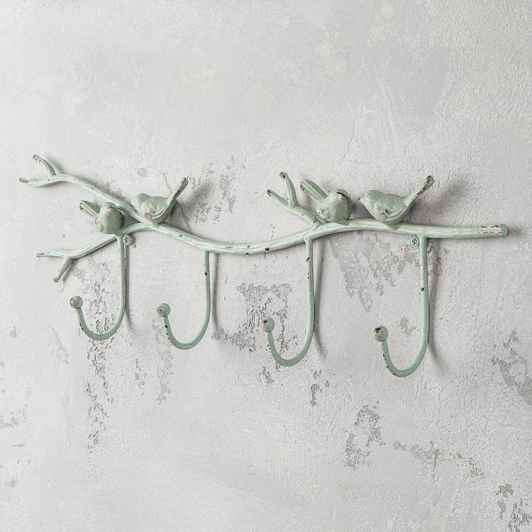 Четырёхместная настенная вешалка Голубые птички на ветке Blue Birds Coat Rack 4 Hooks
