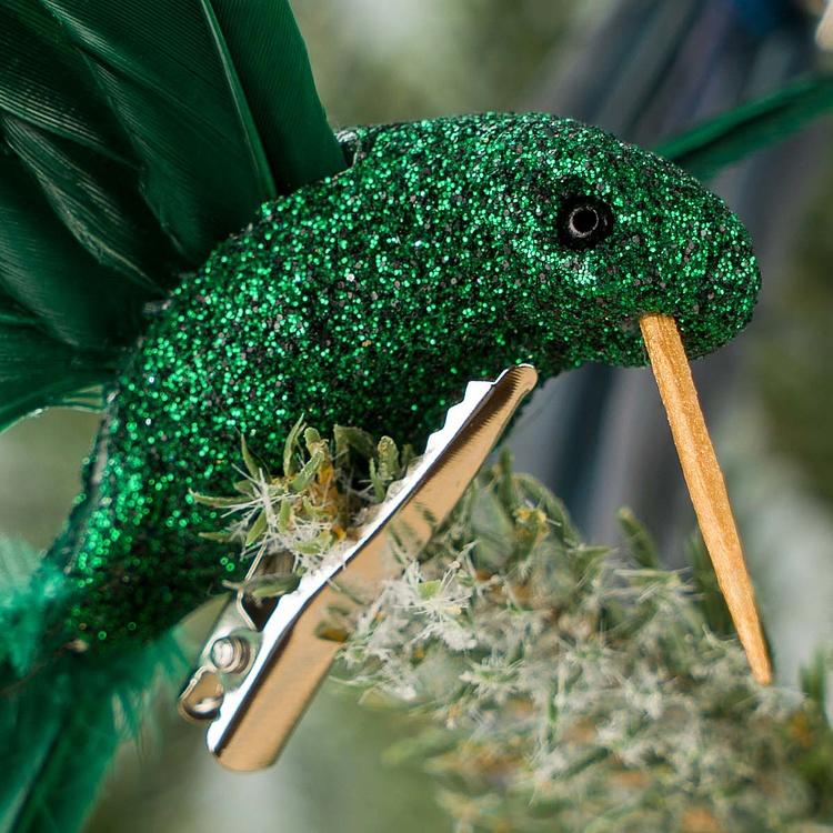 Набор из двух ёлочных игрушек на клипсе Колибри зелёная и синяя Set Of 2 Plume Fly Hummingbirds On Clip Green Blue 13 cm