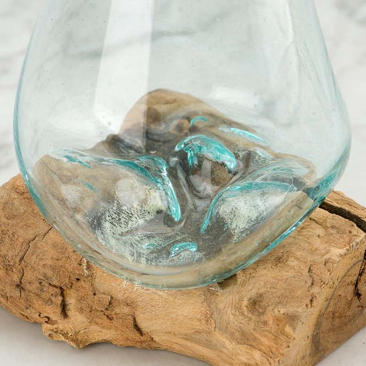 Стеклянная мини-ваза на основании из корней тика Vase En Verre Sur Support Racine