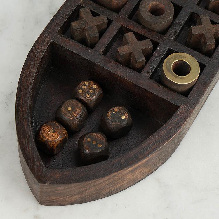Набор из игральных карт, костей и Крестики-нолики в деревянной подставке Cards, Tic Tac Toe And Dices In Boat Box