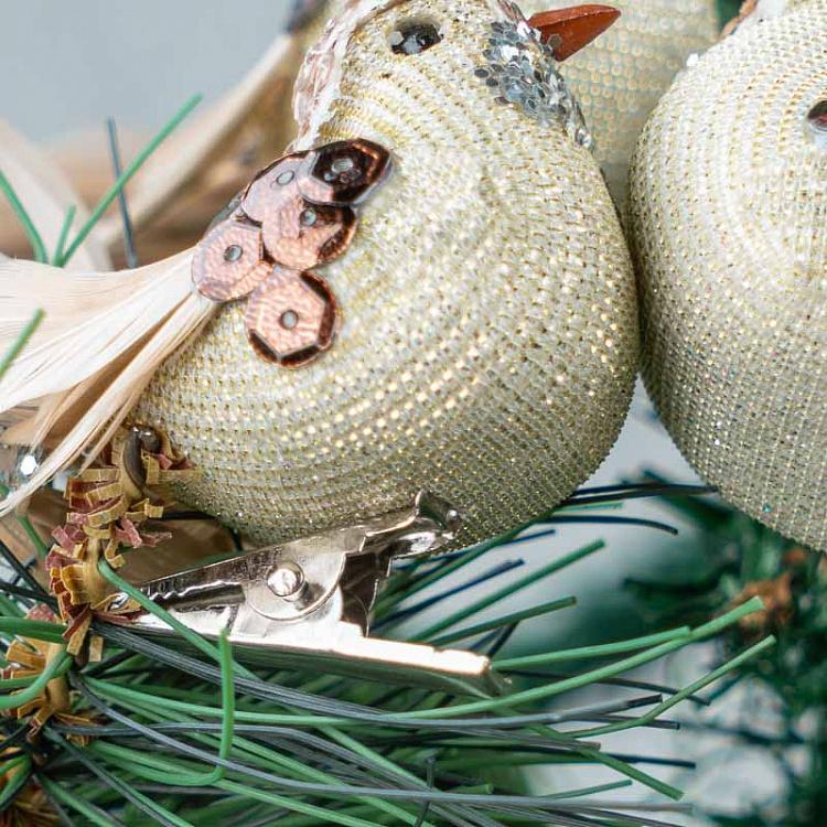 Набор из трёх ёлочных игрушек на прищепке Блестящие птички цвета розовое золото Set Of 3 Sequin Birds On Clip Pink/Rosy Gold 11 cm