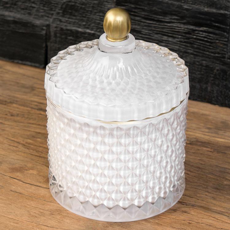 Аромасвеча в белом фасетном стакане Шёлковый цветок, S Aroma Candle In White Faceted Glass Silk Flower Small