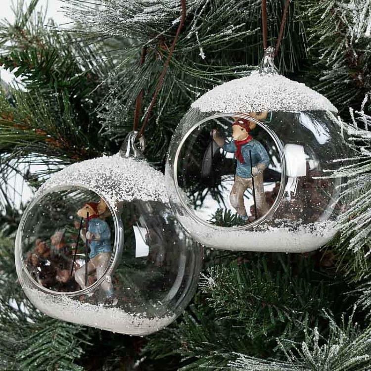 Набор из двух ёлочных шаров Лыжники-олени дисконт1 Set Of 2 Xmas Skiing Deers Blue/Blue 10 cm discount1
