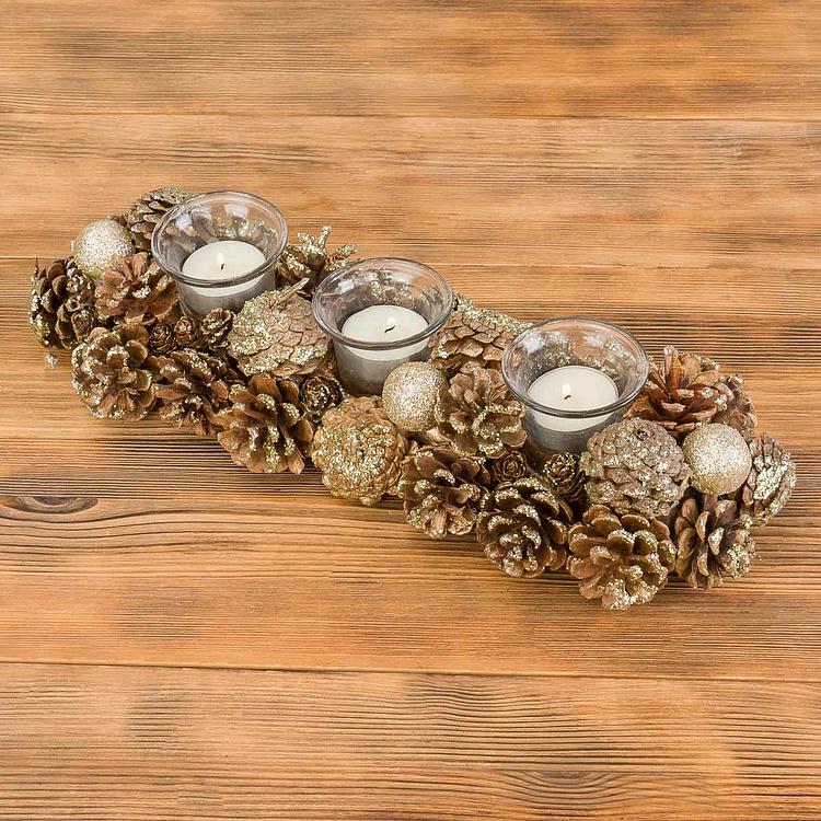 Подсвечник на три свечи с золотыми шишками 3 Votives Holder With Pinecones Gold