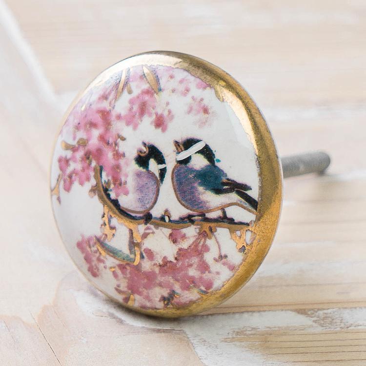 Керамическая мебельная ручка Нарядные птицы Chic Birds Gold Ceramic Knob