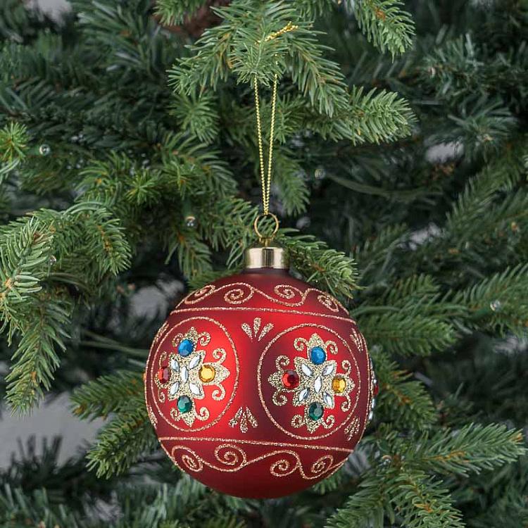 Ёлочная игрушка Красный шар с узором и стразами Pattern Ball Red 10 cm