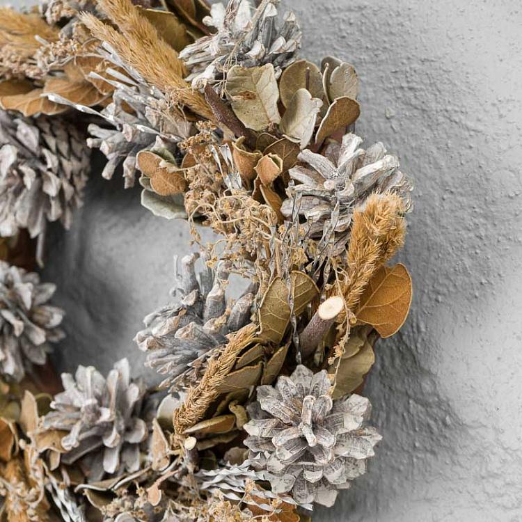 Новогодний венок из сухих листьев и трав с шишками Dried Leaves And Grasses Cone Wreath 30 cm