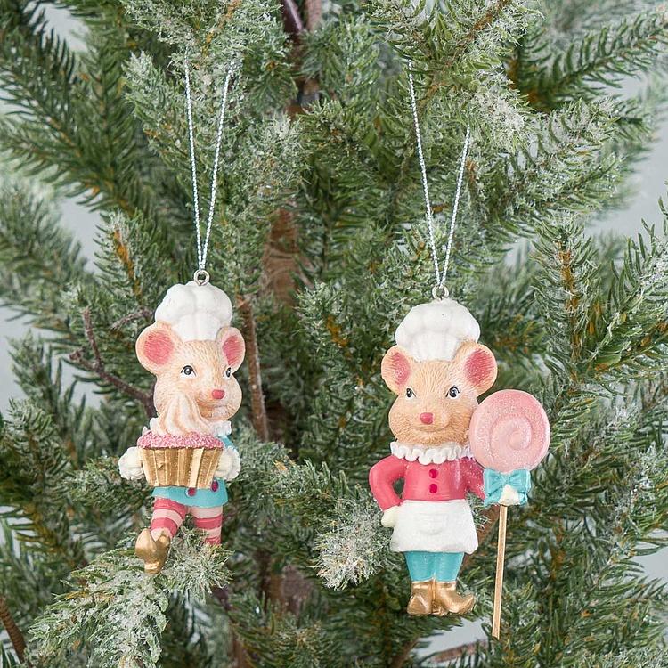 Набор из двух ёлочных игрушек Мыши-повара из Сладкого королевства Set Of 2 Candyland Chef Mice Pink Blue 9 cm