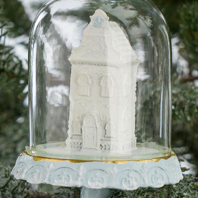 Набор из трёх ёлочных игрушек Пряничные домики под куполом Set Of 3 Gingerbread Houses In Dome Blue White 11,5 cm
