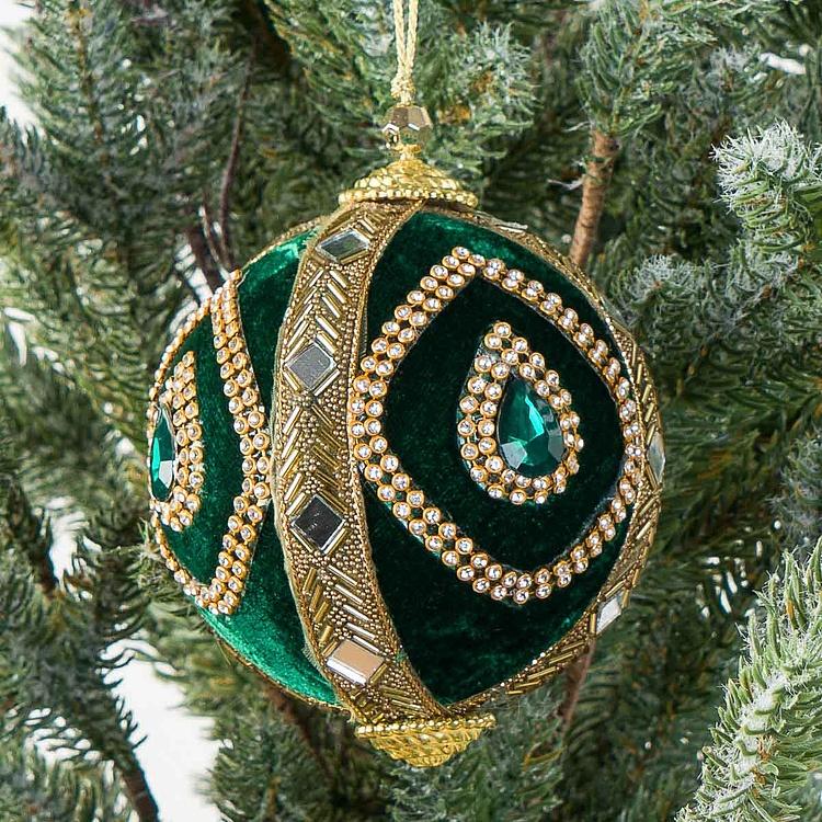 Ёлочная игрушка Зелёный шар с золотым орнаментом из страз Rhinestones Gold Ornament Ball Green 10 cm