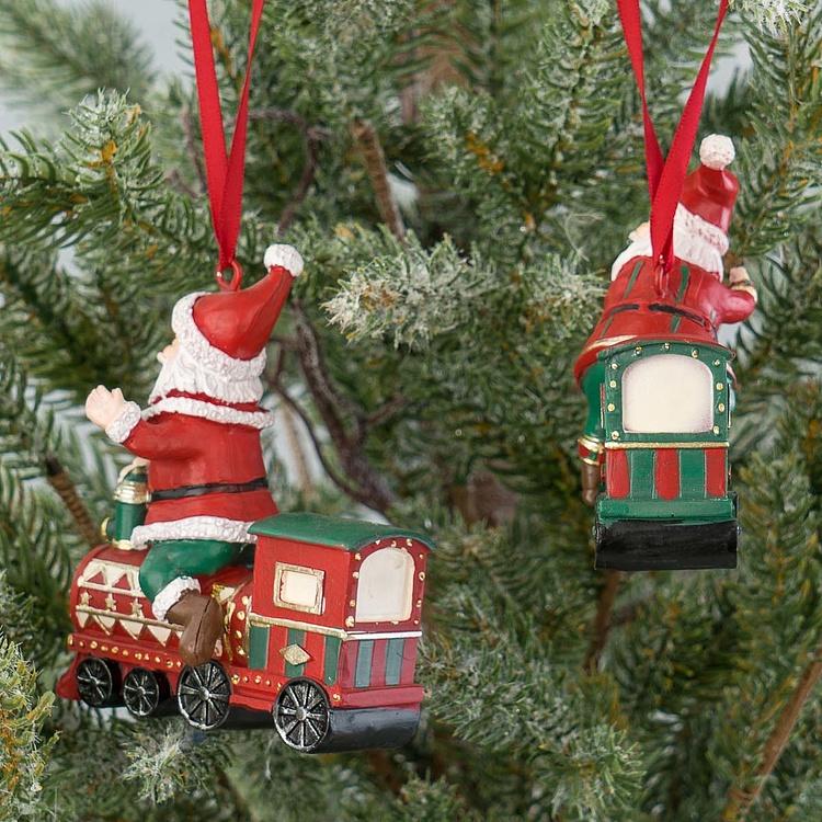 Набор из двух ёлочных игрушек Санта-экспресс Set Of 2 Santa Riding Express Trains Red Green 10 cm