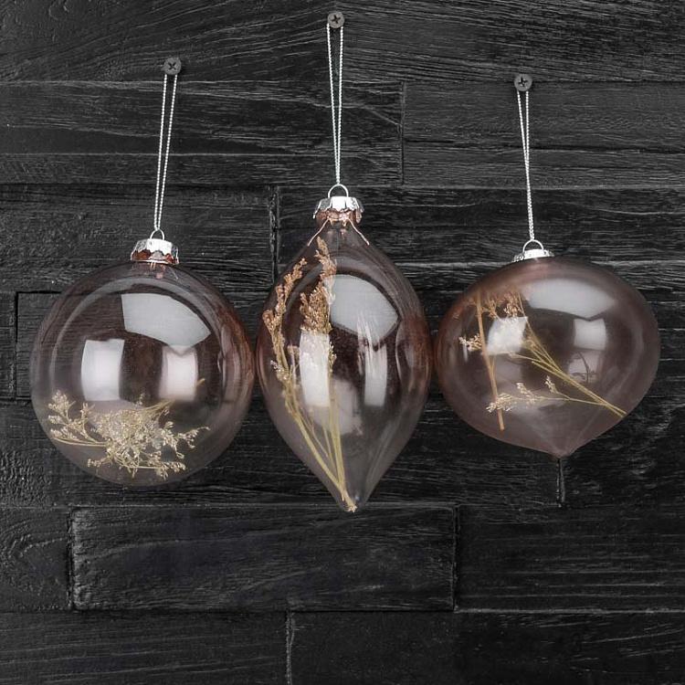 Набор из трёх прозрачных ёлочных шаров с сухоцветами внутри Set Of 3 Glass Dried Flower Balls Clear/Brown 10 cm