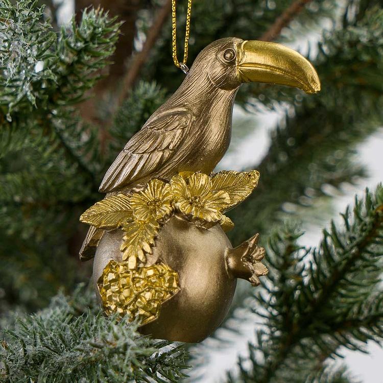 Набор из двух ёлочных игрушек Попугай и тукан на плодах граната Set Of 2 Parrots On Pomegranate Gold 9 cm